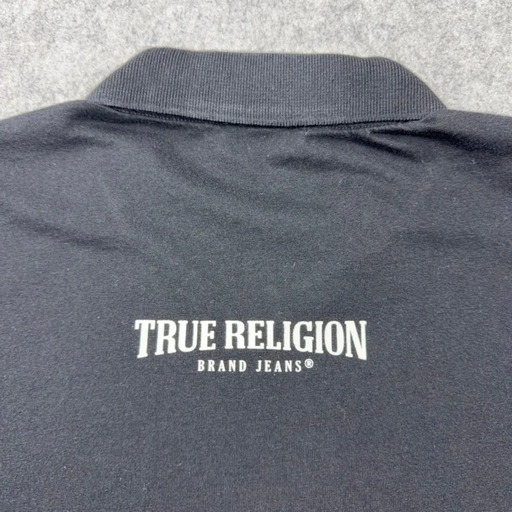 True Religion Shirt Mens XL Black Logo‎ Zipper Tape Polo Horseshoe Short Sleeve